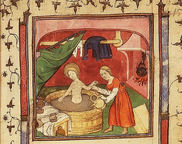 Soap Making Throughout History - Infinity + Beyond. Picture from the Middle Ages of a mother bathing a child in a washtub. Image is primarily red, cream, green, and yellow.