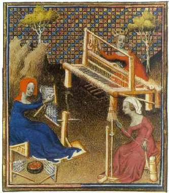 Medieval women at work weaving.
