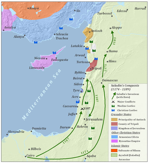 Holy Land Map Crusades Saladins Conquest 1174 1189 