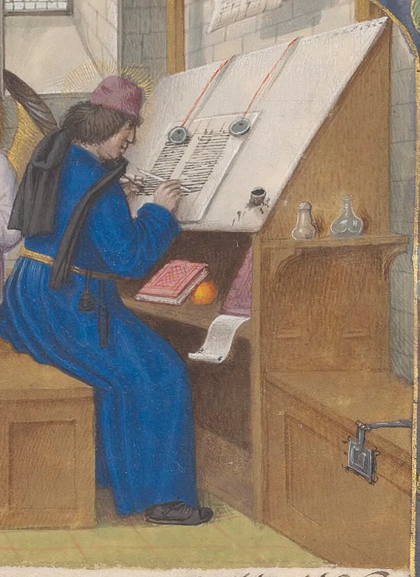Scribe copying manuscripts in the Middle Ages For sale as Framed